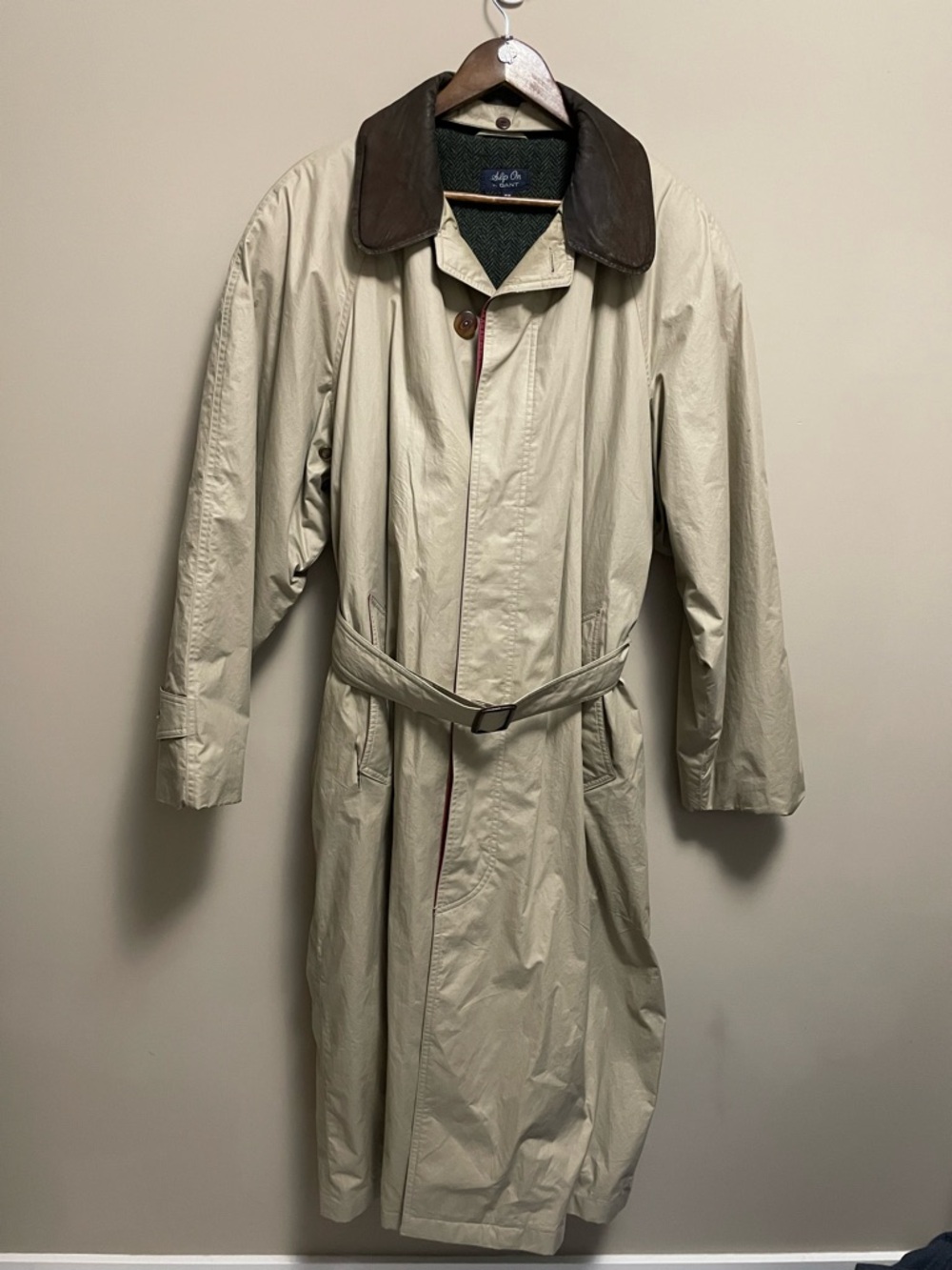 GANT Slip On Trench Coat Wool Lining Leather Collar Men’s Medium Vintage